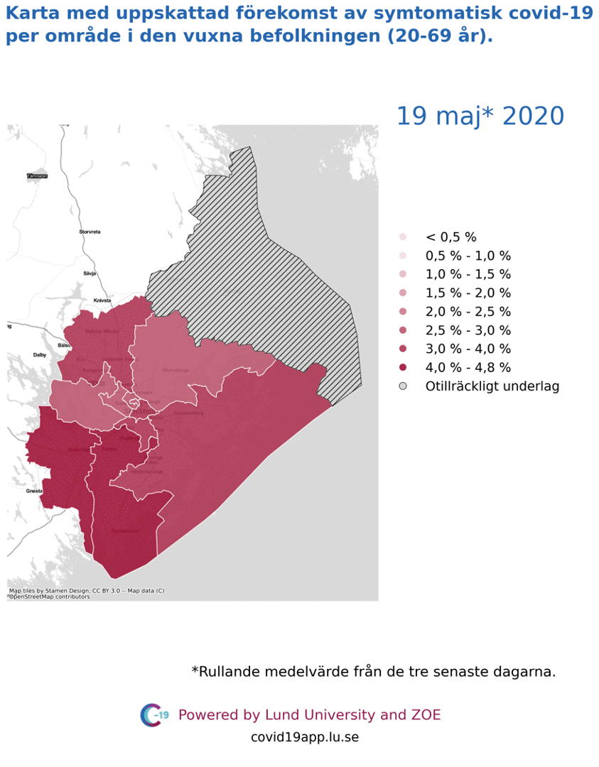 Karta med uppskattad förekomst av symtomatisk covid-19 per län i den vuxna befolkningen (20-69/79 år) i olika områden i Stockholms län, 19 maj till 6 juli 2020.